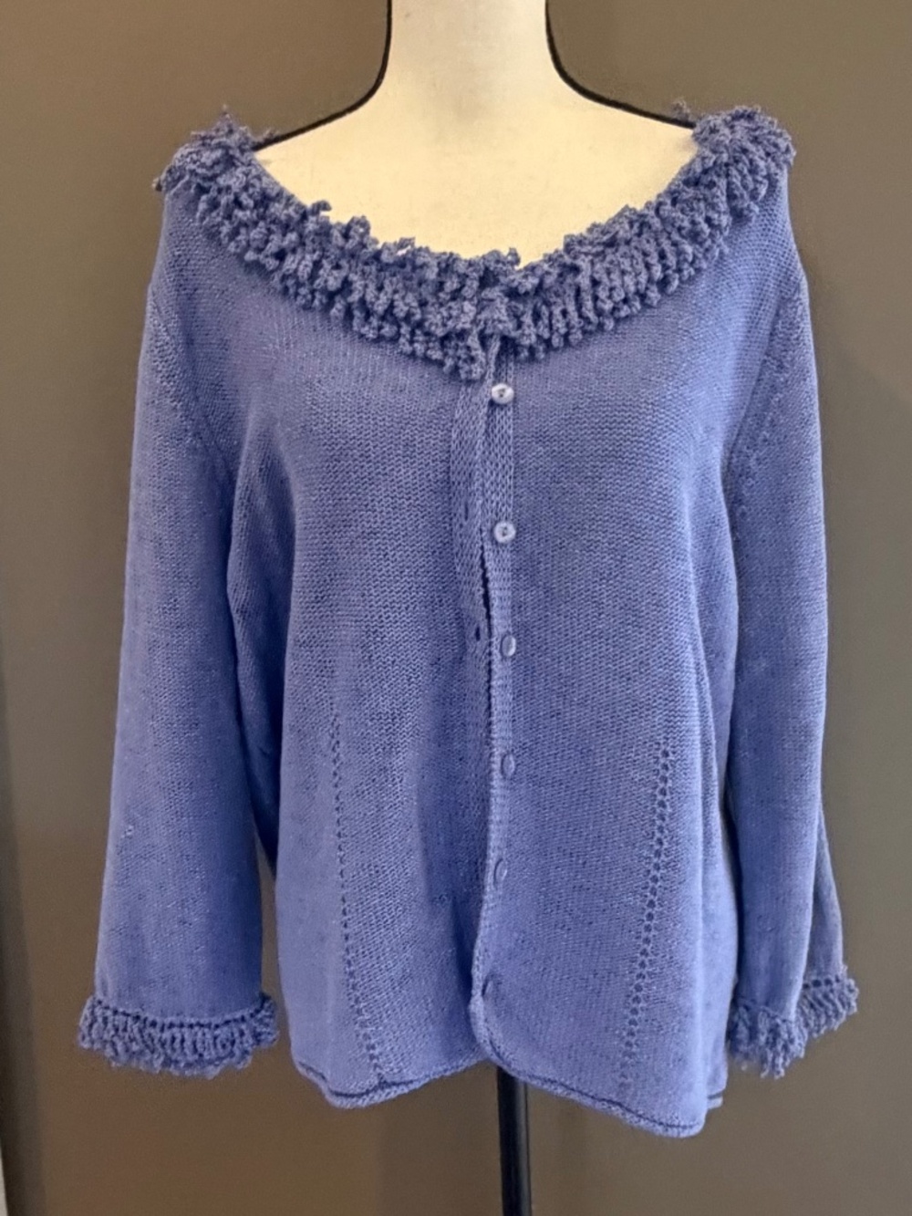 NWT Lavender Coldwater Creek Cardigan Sweater Fring Knit Scoop Neck, Size Large
